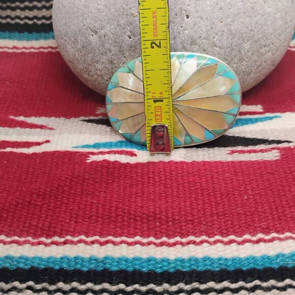 Vtg Zuni Inlay Set Belt Buckle Watch Tips Turquoise Mother of Pearl Sunburst - Picture 7 of 16